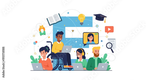 Diverse Group E-Learning and Accessible Online Education. Students, Including Disabled Man, Study Remotely via Laptop, Featuring Digital University Icons.