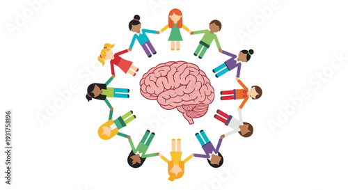 Inclusive Community Supporting Mental Health and Learning. Diverse Kids Holding Hands Around a Brain Icon.