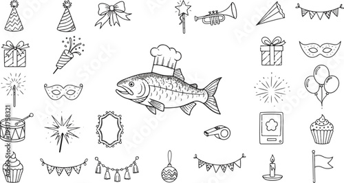 Hand-drawn cartoon fish wearing chef hat surrounded by party elements vector icon set
