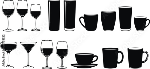Black silhouette collection of various wine glasses, cocktail flutes, coffee mugs, and water tumblers, kitchenware and drinkware icons, isolated set,