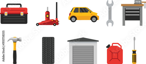 Auto Repair Garage Tools and Equipment Vector Set with Car Jack Toolbox Tire Wrench Hammer Fuel Can and Workshop Elements.