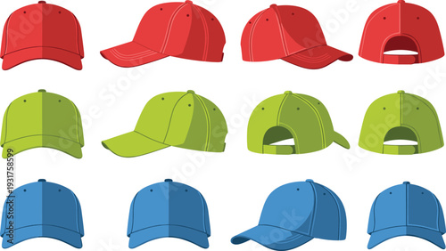 Baseball Cap Color Variations Mockup Set with Front Side and Back Views for Custom Sports Apparel Branding Vector Template.