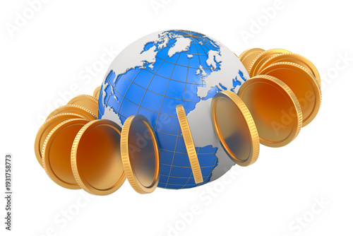 Globe and coins on white background. Isolated 3D illustration