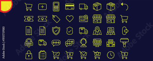 Minimalist yellow outline e-commerce and online shopping icons set.