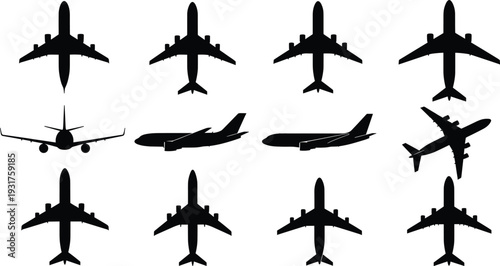 Airplane Silhouette Icons Set for Aviation Travel Passenger Aircraft Jet Top and Side View Vector Illustration