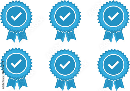 Blue award badge icons set, check mark ribbon seals collection, quality guarantee symbols, round certification emblems, flat vector illustration