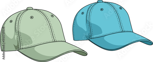Baseball Cap Mockup in Green and Blue Colors with Curved Brim Classic Casual Headwear Fashion Vector Illustration Template.