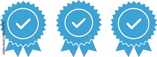 Blue award badge with check mark, quality guarantee ribbon seal, round certification emblem set, verified approval symbol, flat vector illustration
