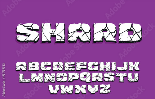 Shard Cracked Font - White Shattered Alphabet with 3D Shadow on Purple Background