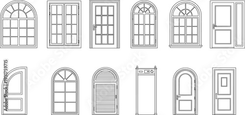 Classic window and door outline icons, arched and rectangular frames set, architectural facade elements collection, black line art style, isolated building vector