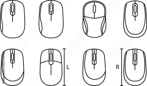 Computer mouse icon set, optical wired pc mouse top view outline collection, minimal line hardware vector