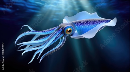 Colorful Digital Illustration of a Majestic Squid Swimming Gracefully in a Deep Ocean Environment with Beautiful Light Rays