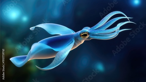 Artistic representation of a vibrant squid swimming gracefully through ethereal ocean depths, showcasing vivid colors and intricate details in an underwater scene