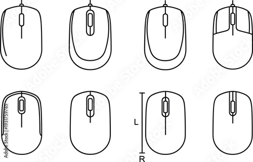 Computer mouse icons set, wired optical mouse top view outline collection, pc accessory line vector