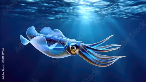 Captivating Underwater Scene of a Colorful Squid Gliding Gracefully Through Bright Blue Ocean Waters with Soft Light Atmosphere and Dynamic Movement
