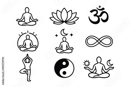 Symbols representing yoga, meditation, and spiritual balance practices