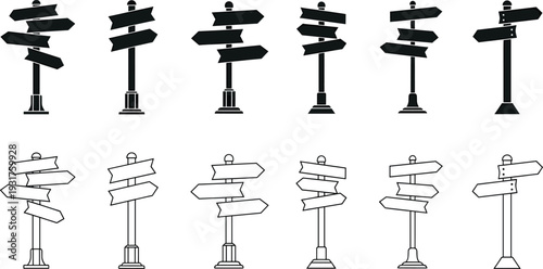 Directional signpost silhouettes set, blank wooden arrow boards collection, street guide signs icons, black solid and outline style, isolated wayfinding symbols,