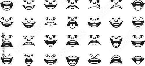Facial expression icons set, cartoon emoji faces collection, black and white outline style, mouth and eyes variations, cute character emoticons, line art vector pack