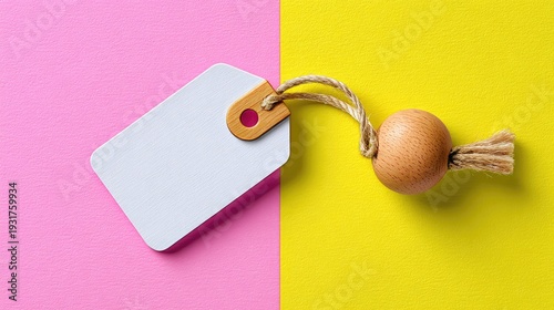 Blank price tag on vibrant pink and yellow background, a creative and colorful mockup for branding and marketing applications in graphic design.