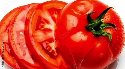 Fresh Sliced and Whole Tomato with Water Droplets on White Background