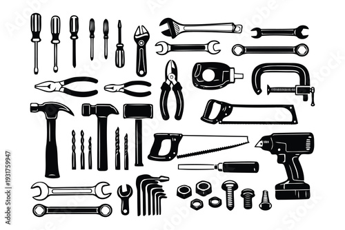 Comprehensive set of black and white hand tools and hardware accessories