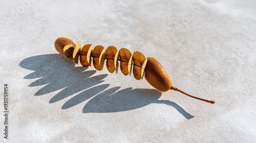 Unique Natural Object on Surface with Shadows, Displaying Round Seedlike Structures and Organic Forms in Warm Tones and Textured Background