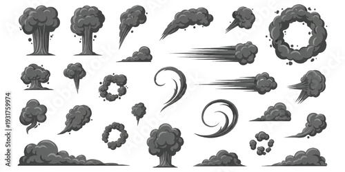 Vector illustration set of different smoke and explosion effects for game or animation design