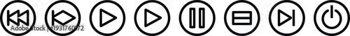 Media control icons set, play pause stop rewind forward and power buttons, black circle outline vector
