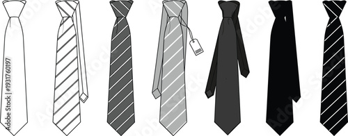 Men necktie variations collection, striped and solid tie designs, formal business accessories set, black silhouette and outline style, isolated fashion icons, vector illustration