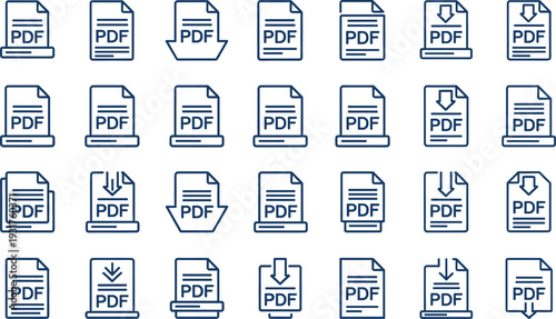 PDF Document File Icons Set with Download, Upload, Save and Attachment Symbols Vector Illustration Collection