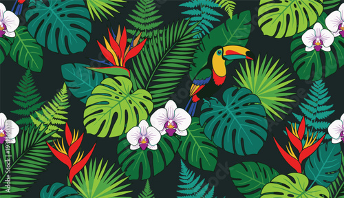 Tropical Seamless Pattern with Toucan Birds, Orchid Flowers, and Monstera Leaves