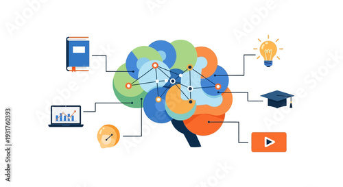 Digital Brain Network Illustration: Knowledge Processing, Idea Generation, and Connected Learning. EdTech, Data Analysis, and Modern Education Concept.