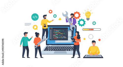 Software Development Team Working on Laptop Screen: Coding, System Maintenance, and Troubleshooting. Web Programming, Engineering, and Digital Innovation Concept Illustration.