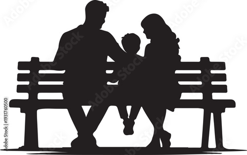 Family Sitting on Bench Silhouette Parents with Child Bonding Vector Illustration