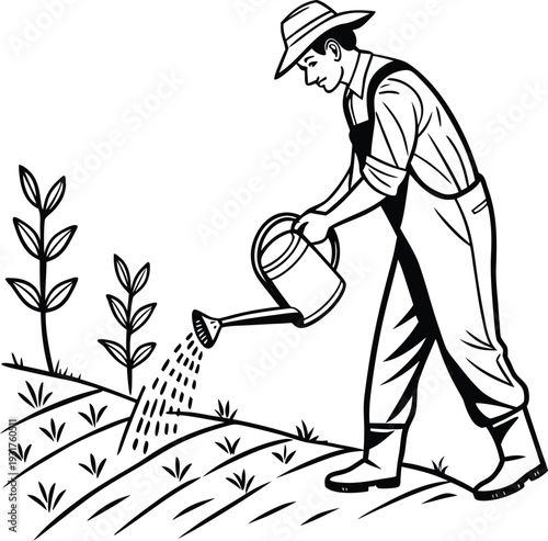 Farmer Watering Plants Vector Illustration