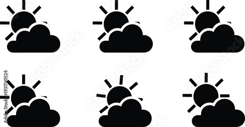 Sun and cloud weather icons set, partly cloudy forecast symbols, black solid silhouette style, simple 
