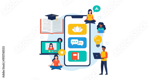 Online Education and E-Learning Ecosystem on Smartphone Screen. Distance Study, Mobile App Interface, Video Conference, and Digital Wellness Concept.