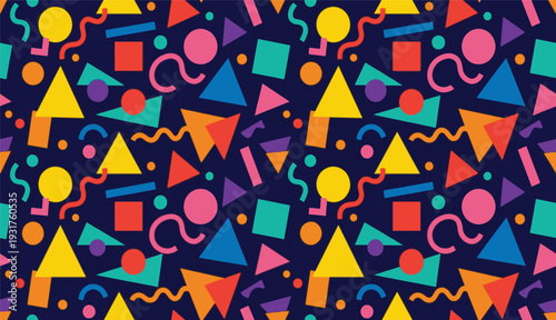 Colorful Memphis Seamless Pattern with Retro Geometric Shapes on Black Background