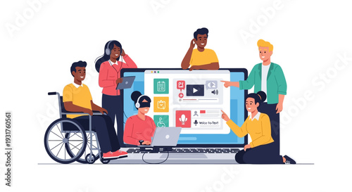 Digital Accessibility Team Collaborating on Inclusive Technology and Universal Design. Diverse group using laptop with Voice-to-Text feature.