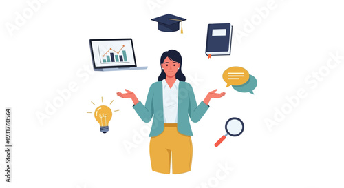 Knowledge Management and E-learning Concept. Woman surrounded by icons: Laptop, Book, Idea Bulb, Graduation Cap, Research, and Communication.