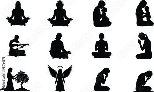 Black silhouette icons of people meditating practicing yoga mother and baby angel and prayer for mental health spirituality and wellness themes