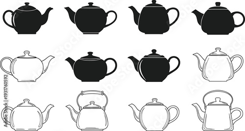 Teapot silhouette and outline icons, ceramic tea kettle collection, classic kitchenware shapes set, black solid and line art, isolated cookware vecto