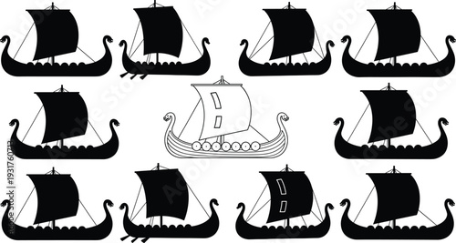 Viking longship silhouettes collection, dragon head sailboats set, Norse drakkar vessels icons, black solid nautical ships, ancient Scandinavian maritime transport,