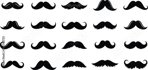 Vintage mustache silhouettes set, curled and handlebar moustache styles collection, black solid facial hair icons, barber shop design elements, isolated vector