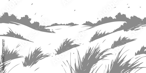 An artistic nature illustration features a black silhouette of birds in the green grass set against a floral spring design with bamboo branches and summer leaf patterns on a grunge painting