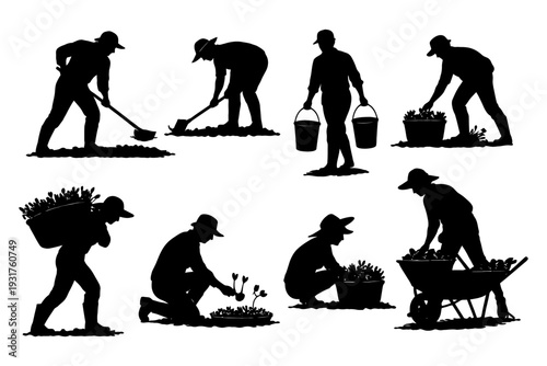 Silhouettes of farmers working in fields with tools and produce.