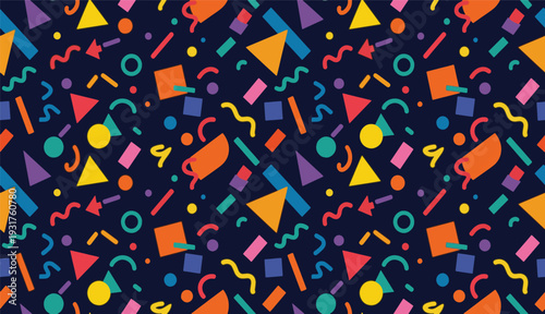 Colorful Memphis Seamless Pattern with Retro Geometric Shapes on Black Background