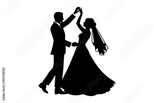 Elegant silhouette of caucasian bride and groom dancing at wedding.