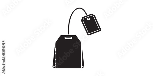 Tea bag with tag icon, minimal flat vector design, black and white only, solid silhouette style, simple clean outline, isolated on white background, stock illustration.