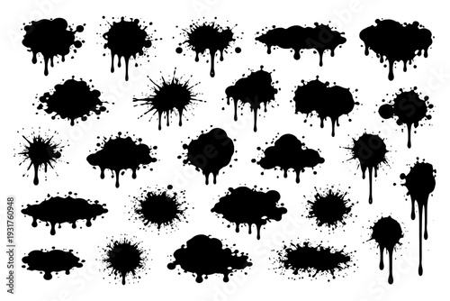 Black ink splatter set on white background: abstract dripping blots collection.